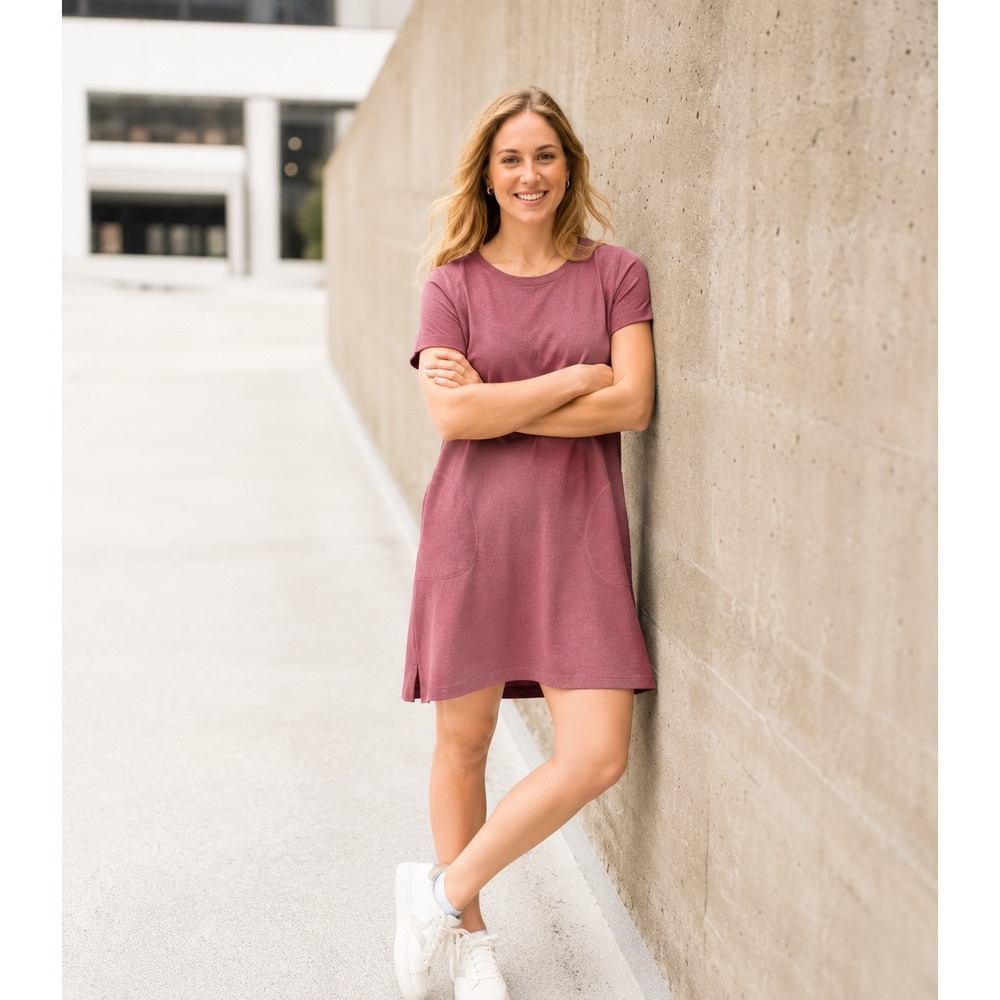 Woolx Georgie Merino Wool Pocket Dress Rose Pink Short Sleeve T-Shirt Dress L